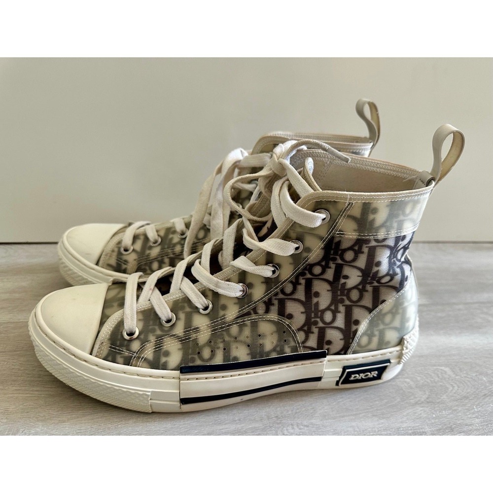 Dior High Top Sneakers Transparent Monogram Canvas Leather Trim sz 40 - Picture 4 of 12